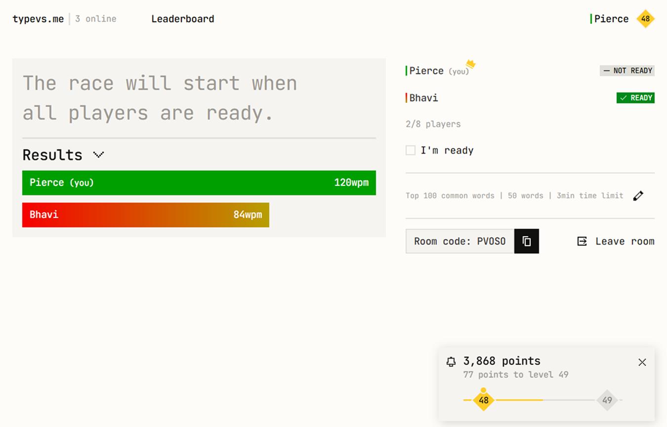 A completed Typing Race game. There are 2 players, and the current player won the game. There is also a notification showing the points the player earned, their total points, their level, and how many points they need for the next level.